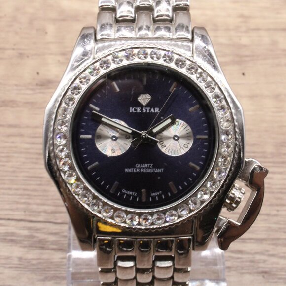 ICE STAR Chronograph Watch Mens Silver Tone Stainless Steel Rhinestones Dial - Picture 3 of 9